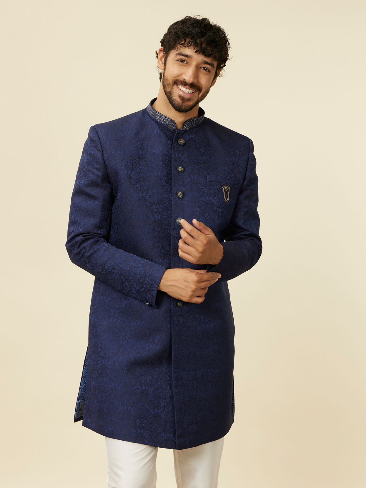 alt message - Manyavar Men Dark Blue Achkan Style Scallop Patterned Indo Western Set image number 0